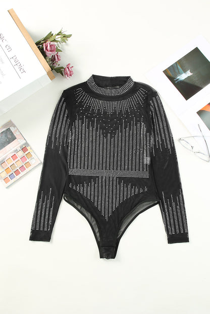 Long Sleeve Studded Sheer Black Bodysuit