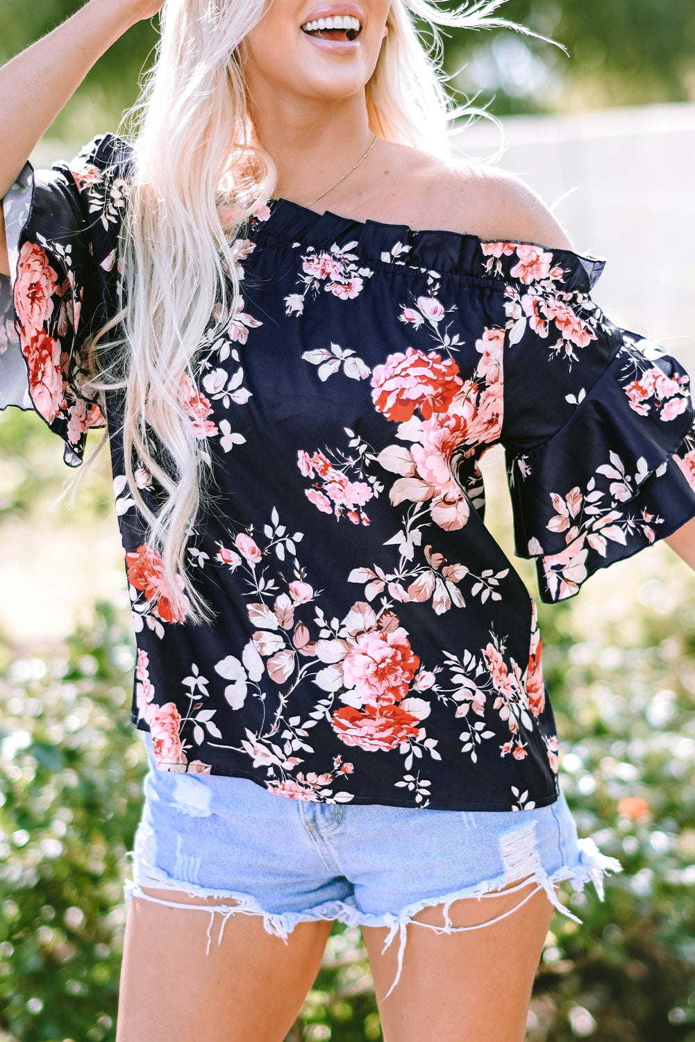 Short Sleeve Off Shoulder Floral Print Blouse