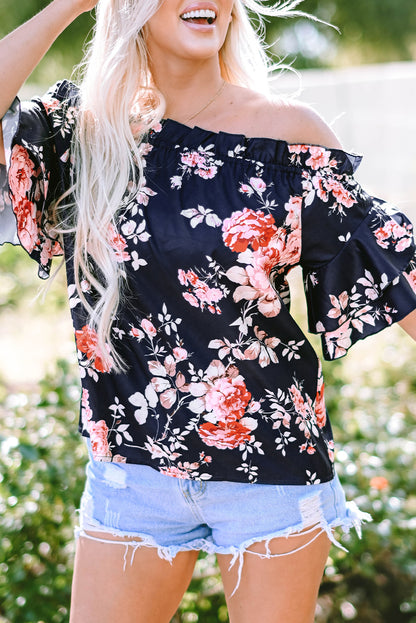 Short Sleeve Off Shoulder Floral Print Blouse