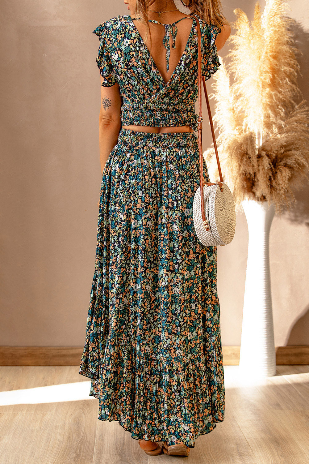 Flutter sleeve Floral Print V-neck Maxi Skirt Set