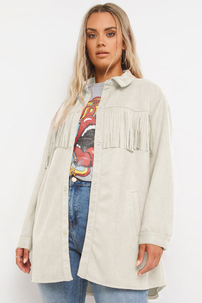 White Fringe Plus Size Suede Jacket Shacket