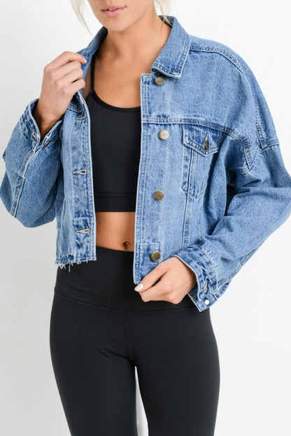 Long Sleeve Drop Shoulder Button-down Cropped Denim Blue Jean Jacket