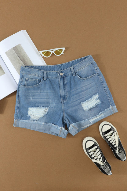 Mid-Rise Factory Distressed Blue Jean Denim Shorts