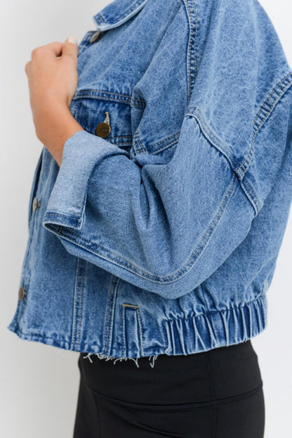 Long Sleeve Drop Shoulder Button-down Cropped Denim Blue Jean Jacket