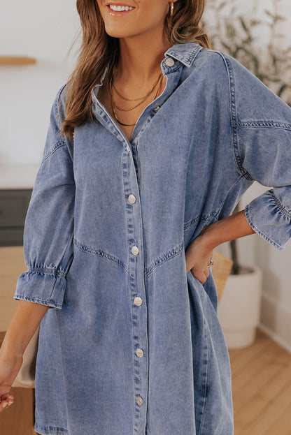 1/2 Sleeve Button-down Denim Blue Jean Mini Dress