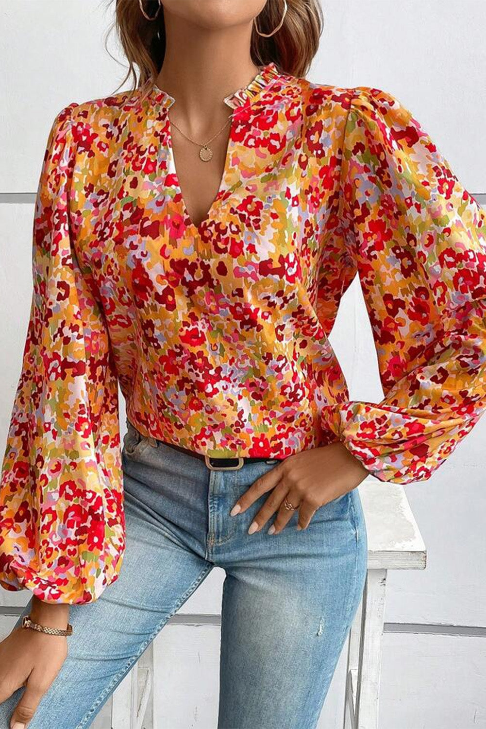 Long Sleeve Floral Print V-neck Top