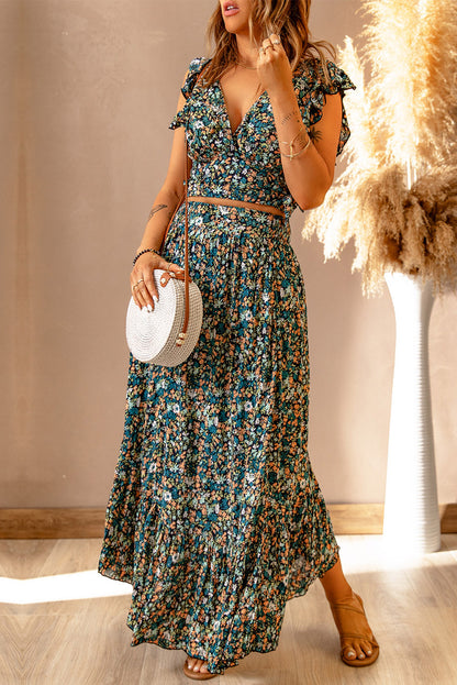 Flutter sleeve Floral Print V-neck Maxi Skirt Set