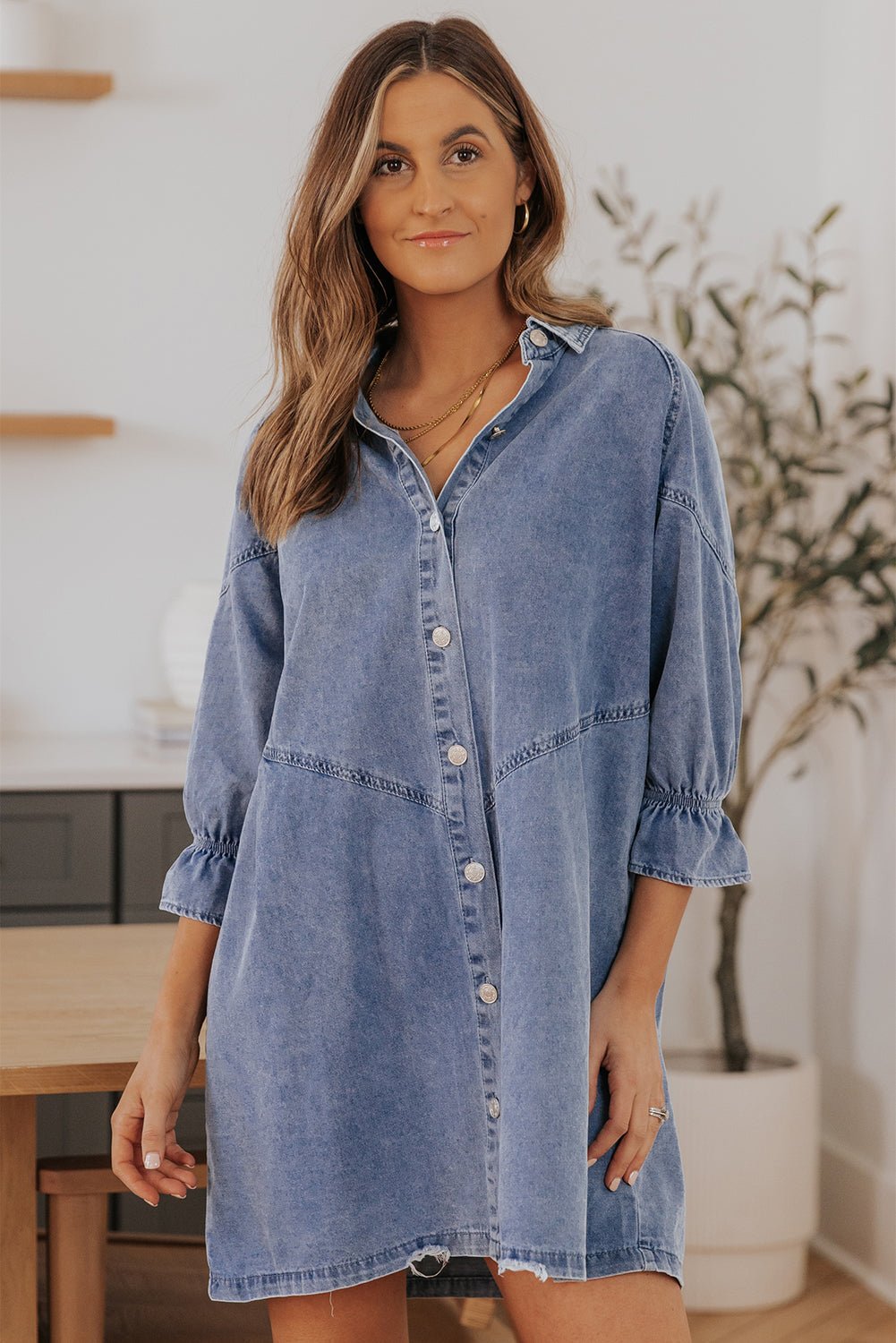 1/2 Sleeve Button-down Denim Blue Jean Mini Dress