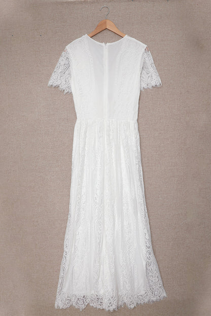 Short Sleeve Eyelash Lace White Maxi dress