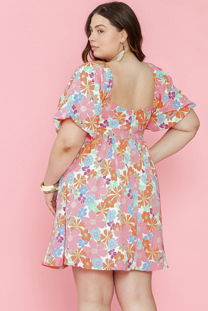 Short Sleeve Floral Print Plus Size Mini Dress