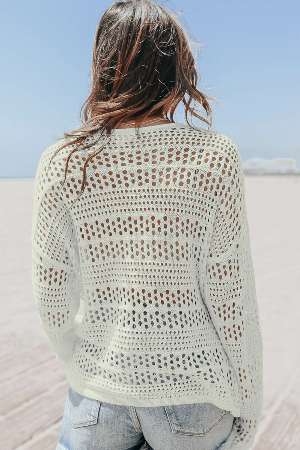 Long Sleeve Loose Knit Crochet Beach Cover-up