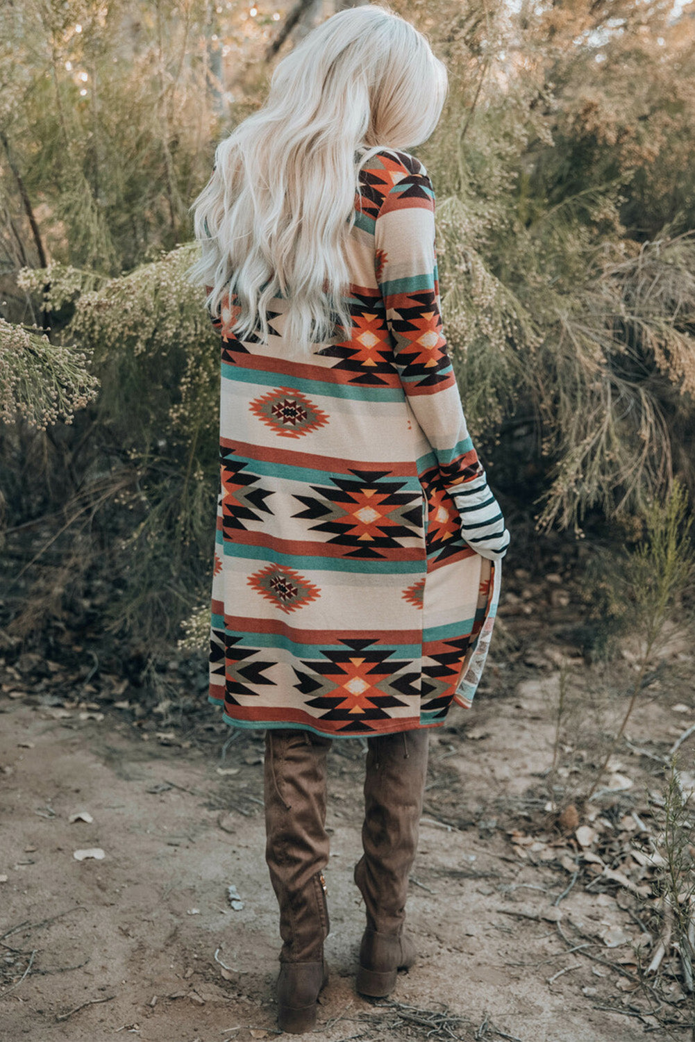 Long Sleeve Open Front Aztec Print Duster/Cardigan