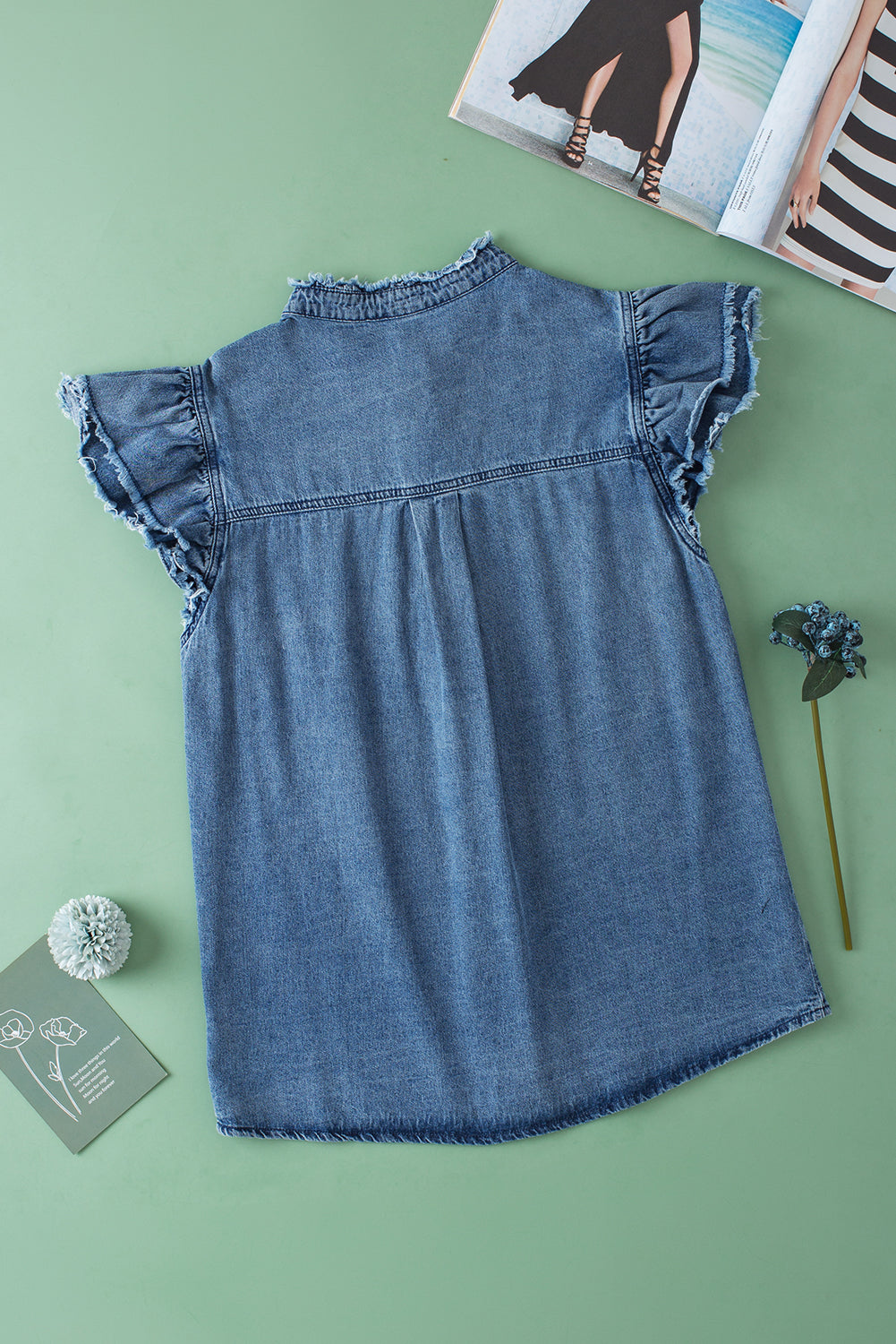 Flutter Sleeve Button-down Denim Jean Shirt