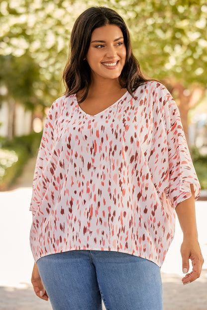 3/4 Sleeve V-neck Leopard Print Plus Size Top