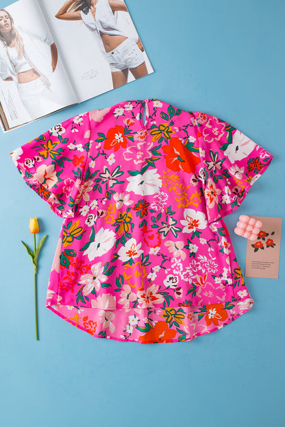 Flutter Sleeve Smocked Floral Print Top