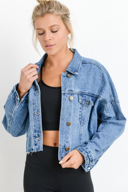 Long Sleeve Drop Shoulder Button-down Cropped Denim Blue Jean Jacket