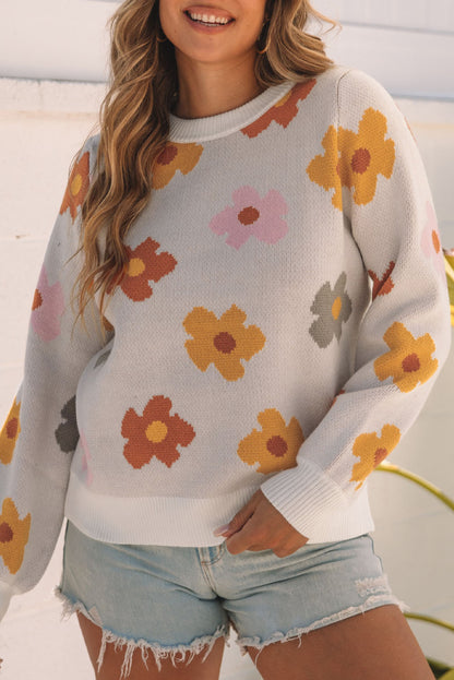 Crew Neck Relaxed Fit Sweater with Daisies