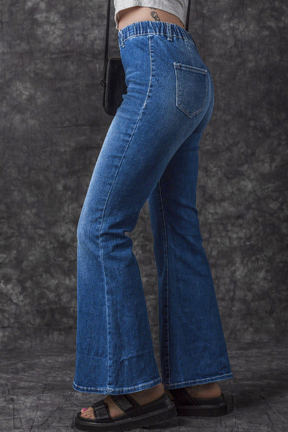 Low-rise Elastic Waist Flared Denim Blue Jeans