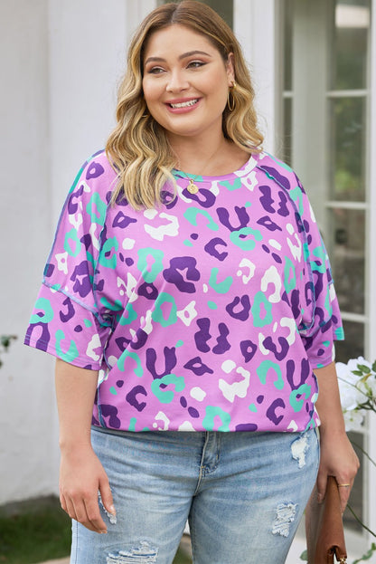 1/2 Sleeve Leopard Print Plus Size Top