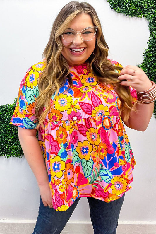 1/2 Sleeve Floral Print Plus Size Blouse