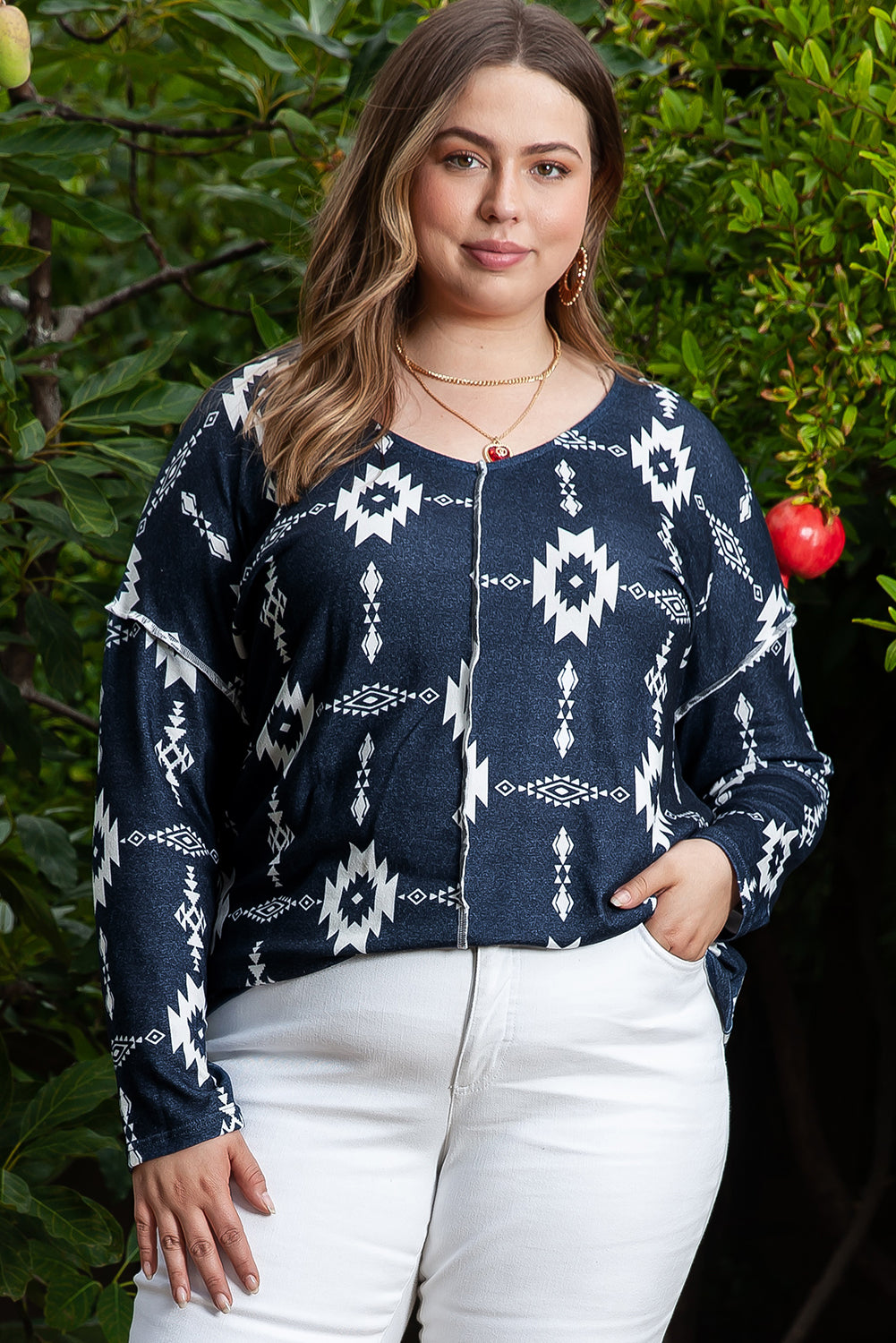 Long Sleeve V-neck Plus Size Top