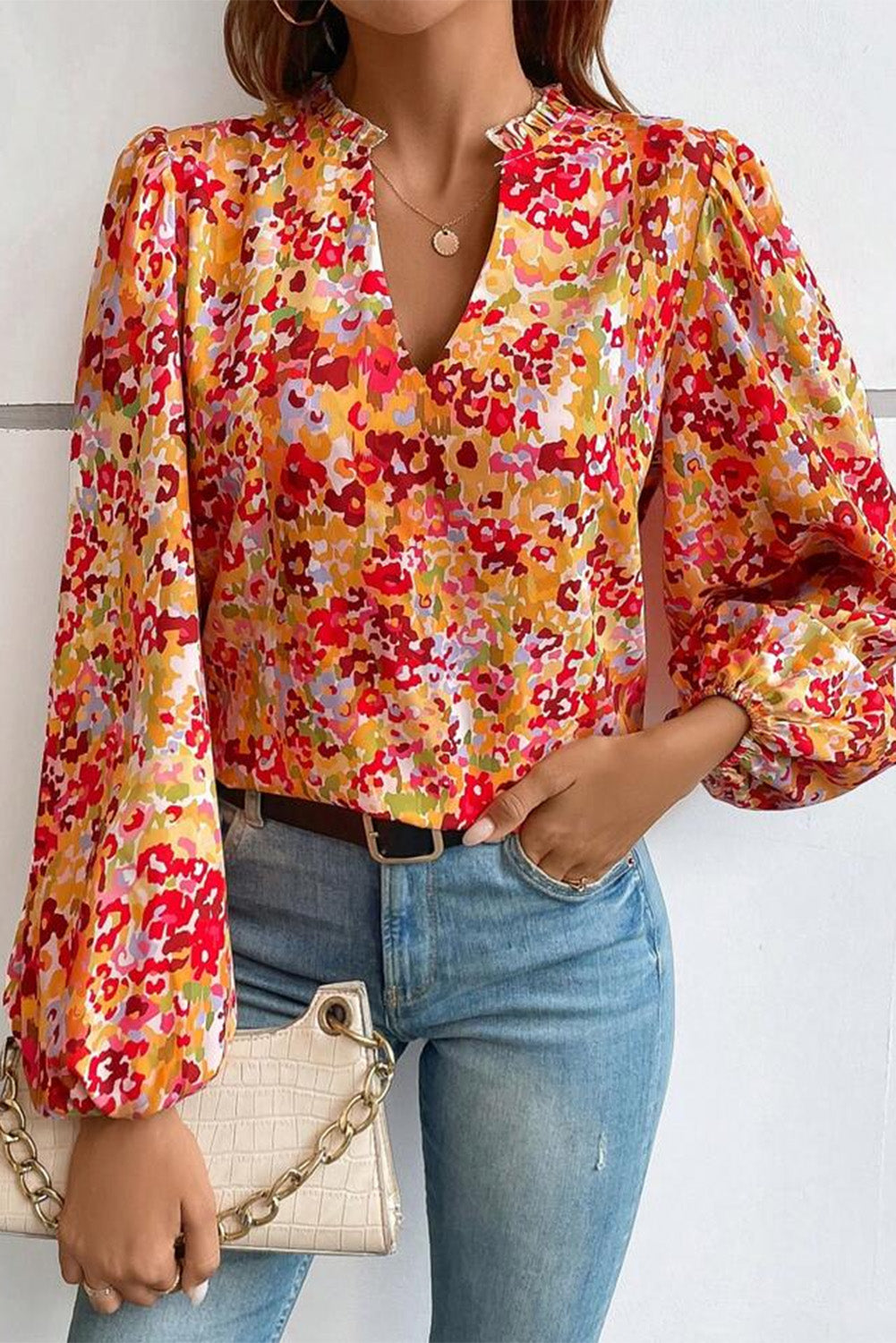 Long Sleeve Floral Print V-neck Top