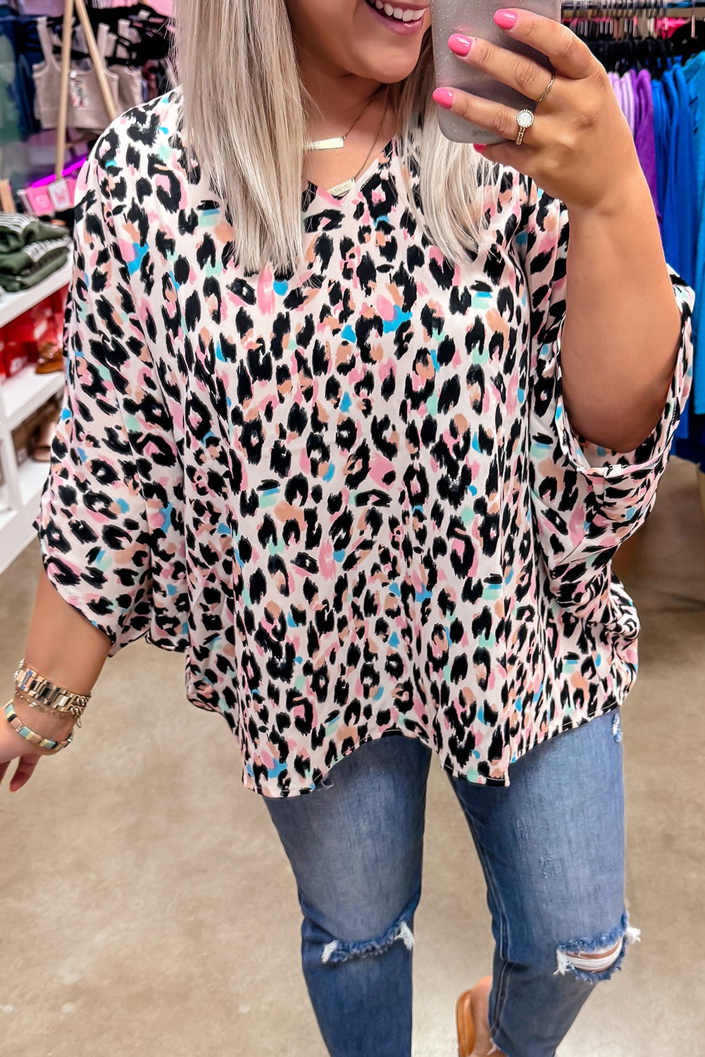 Half Batwing Sleeves Leopard Print Oversized Blouse/Top