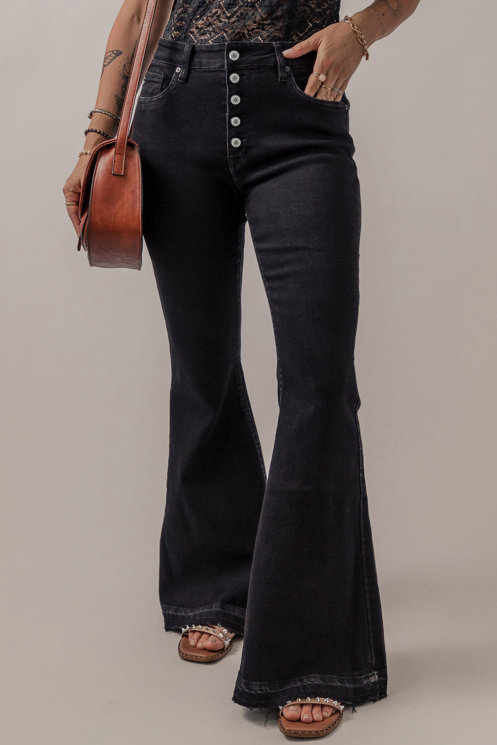 Mid-Rise Button Fly  Black Flared Jeans