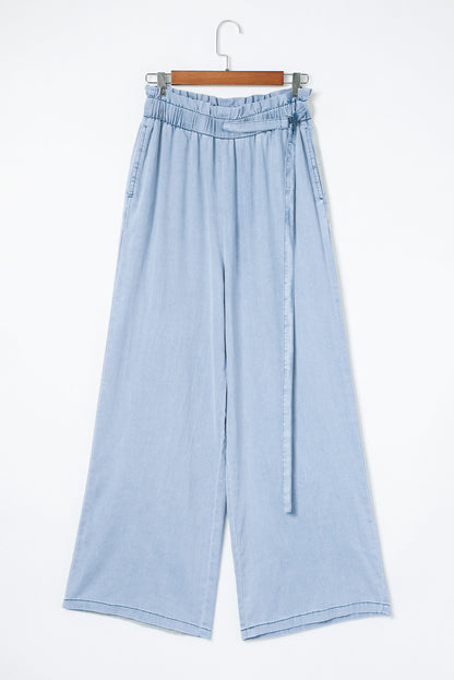 High Rise Wide Leg Chambray Denim Blue Jeans