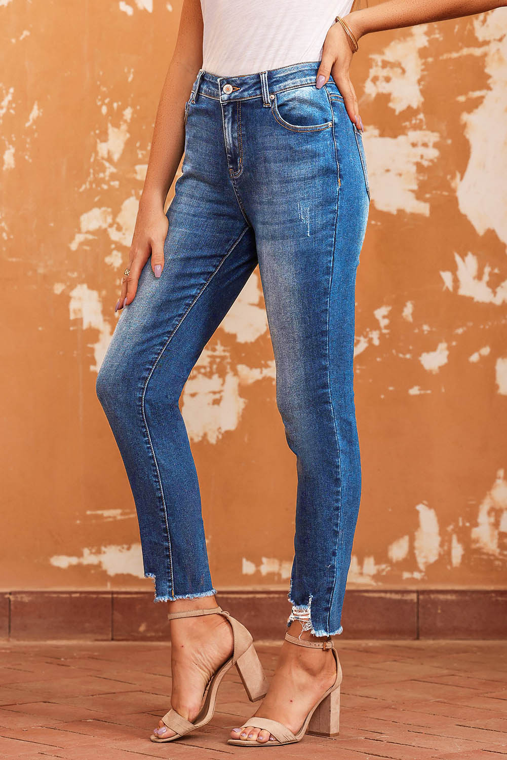 Mid-Rise Distressed Denim Blue Jeans