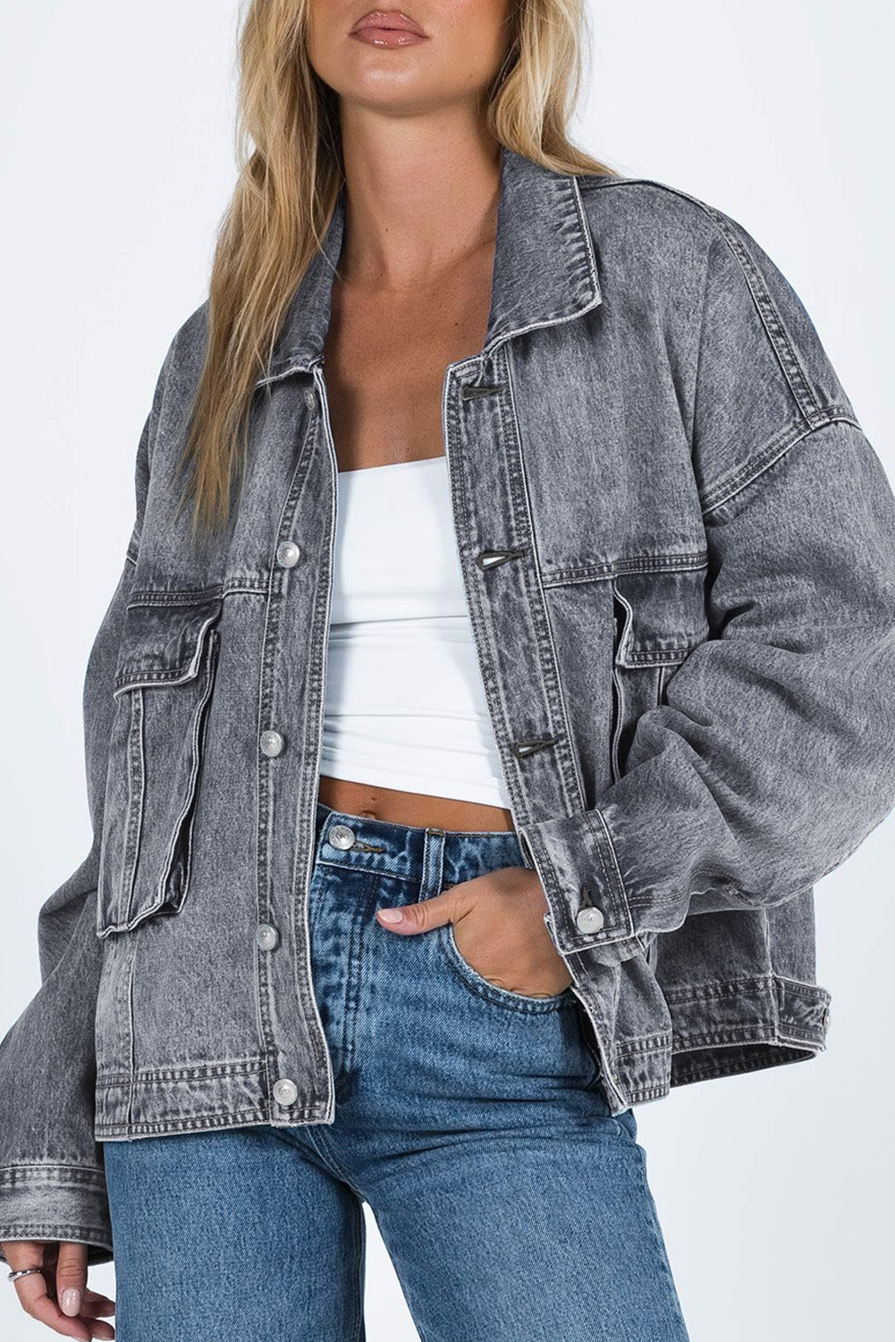 Long Sleeve Button-down Oversized Gray Denim Jean Jacket