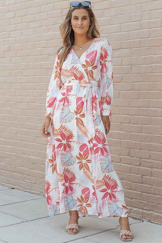 Long Sleeve Tropical Print Wrap V-Neck Maxi Dress