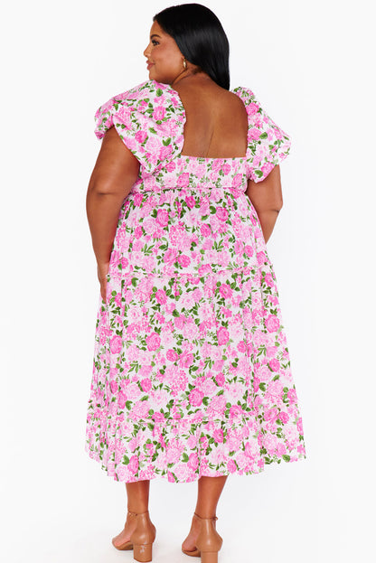 Short Sleeve Floral Print Square Neckline Plus Size Maxi Dress