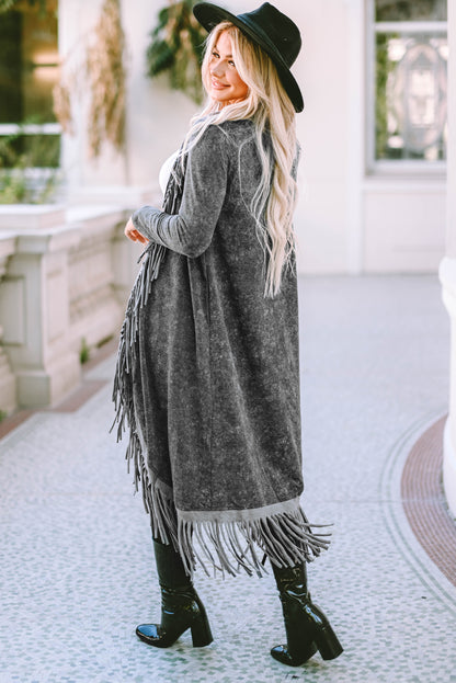 Black Long Western Style Open Front Cardigan with Fringe Detail