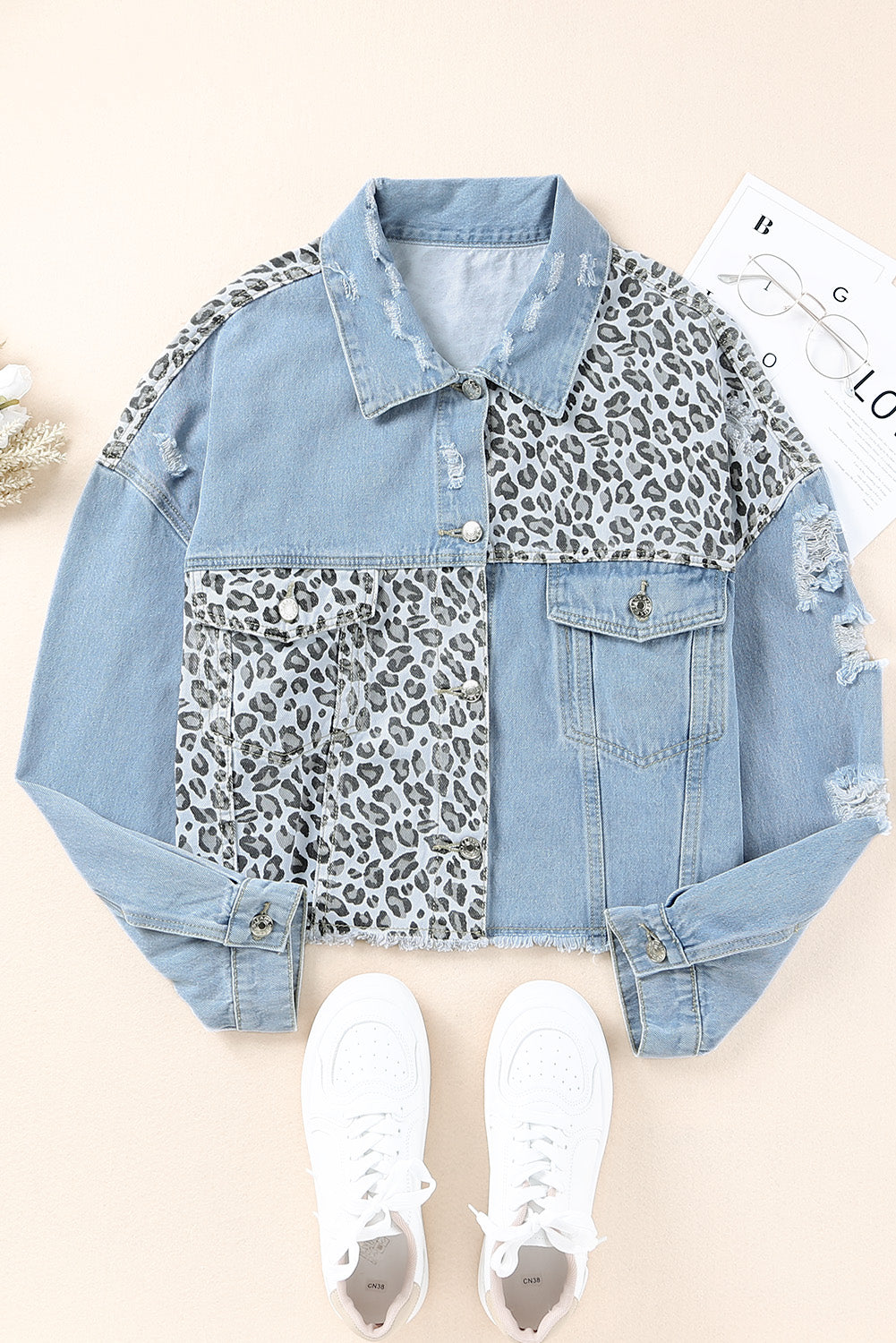 Long Sleeve Button-down Denim Leopard Print Jean Jacket