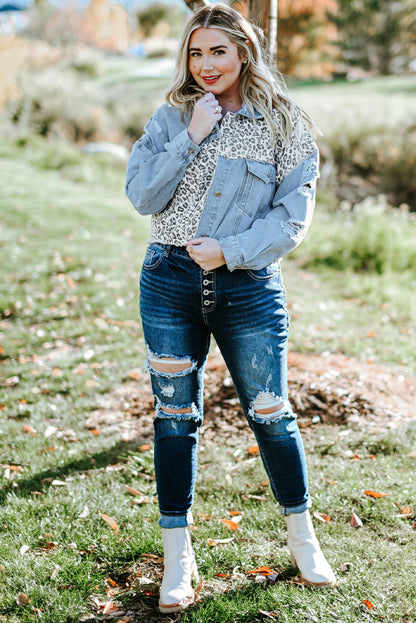 Long Sleeve Button-down Denim Leopard Print Jean Jacket