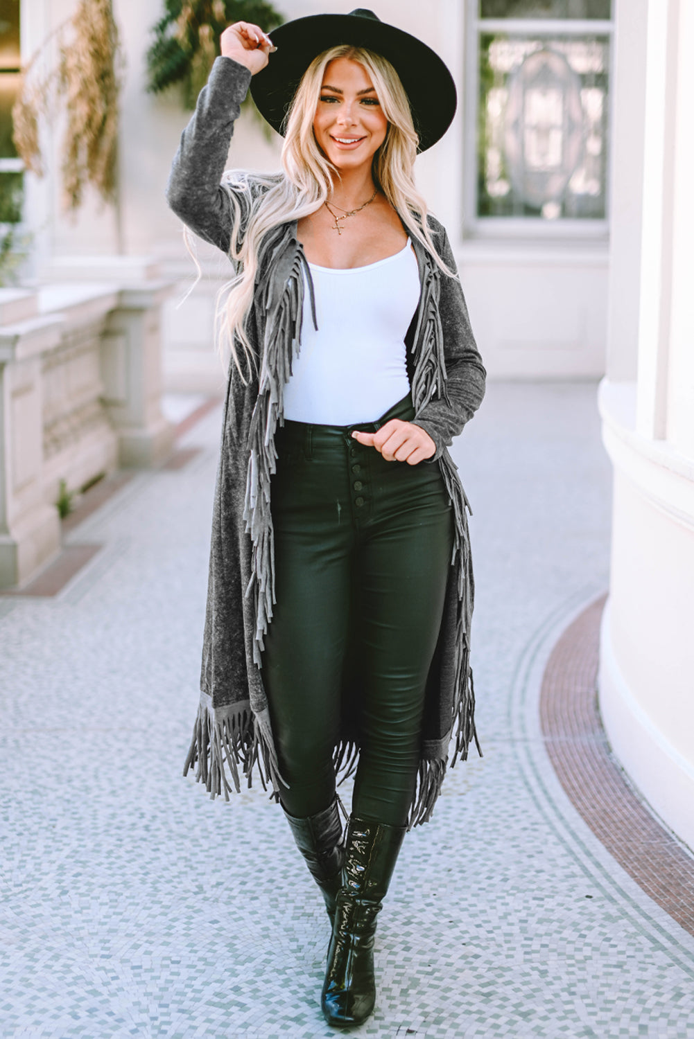 Black Long Western Style Open Front Cardigan with Fringe Detail