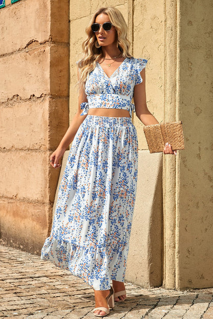 Flutter Sleeve Floral Print V-neck Maxi Skirt set