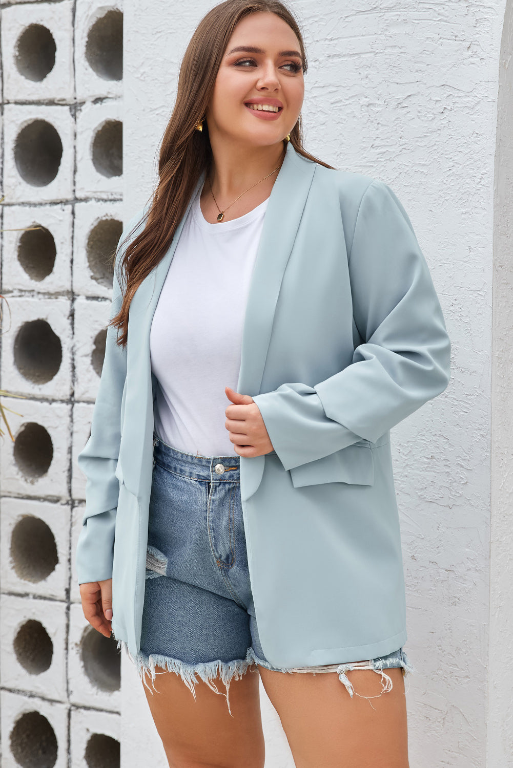 Blue Plus Size Soft Lightweight Pocketed  Blazer