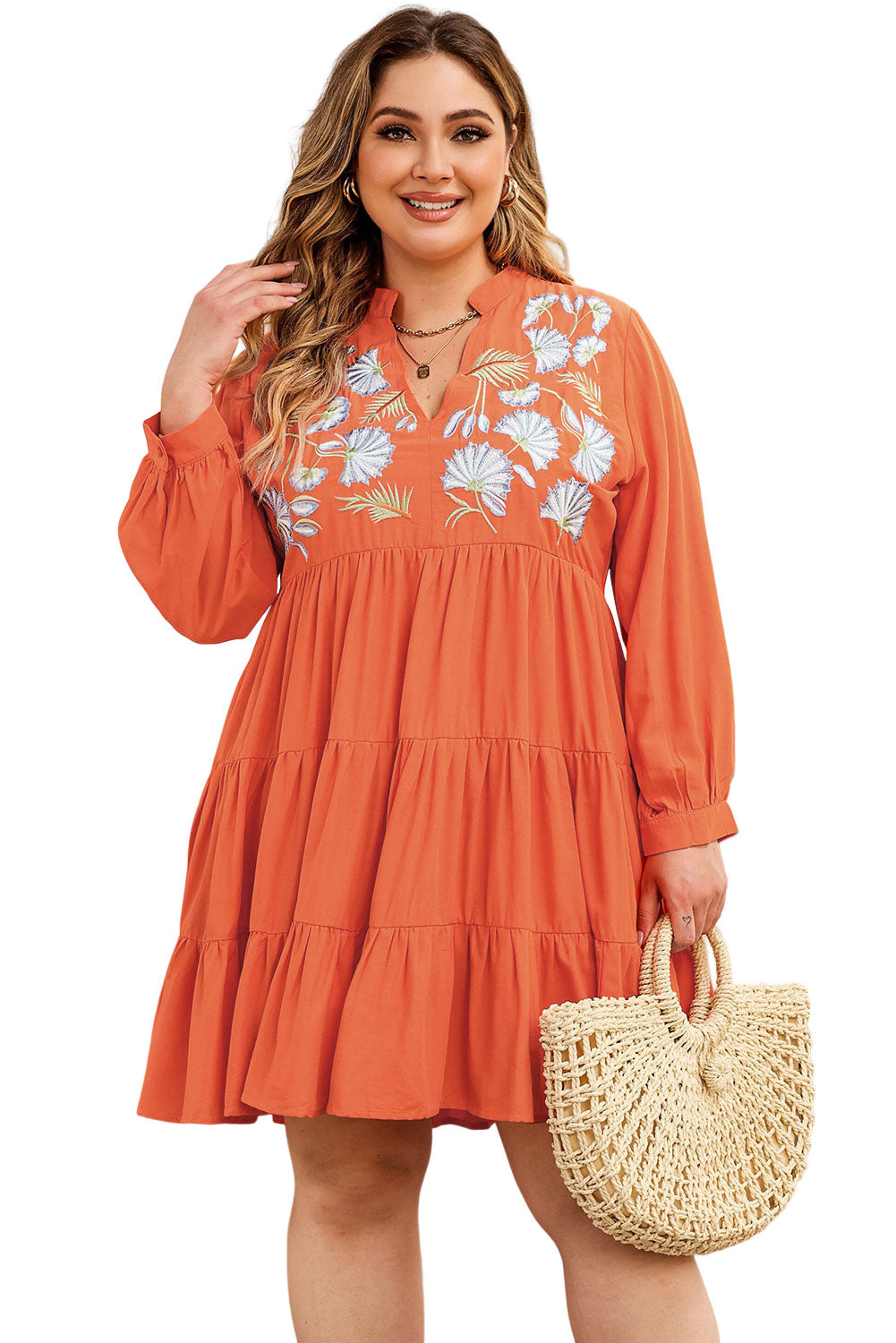 Long Sleeve Floral Embroidered Plus Size Above Knee Mini Dress