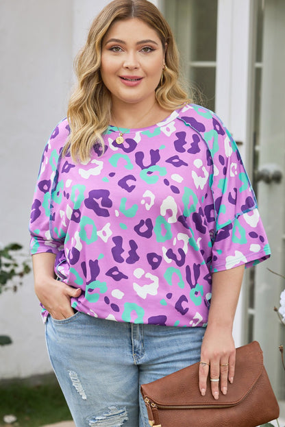 1/2 Sleeve Leopard Print Plus Size Top