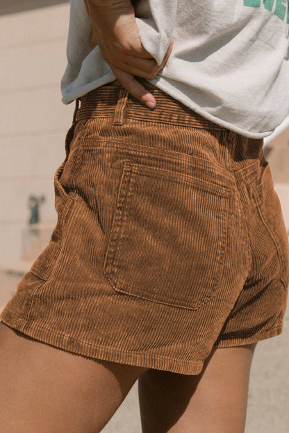 Brown Vintage Elastic Waist Back Pocketed Corduroy Shorts