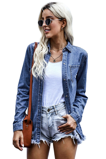 Long Sleeve Button-down Denim Blue Jean Shirt