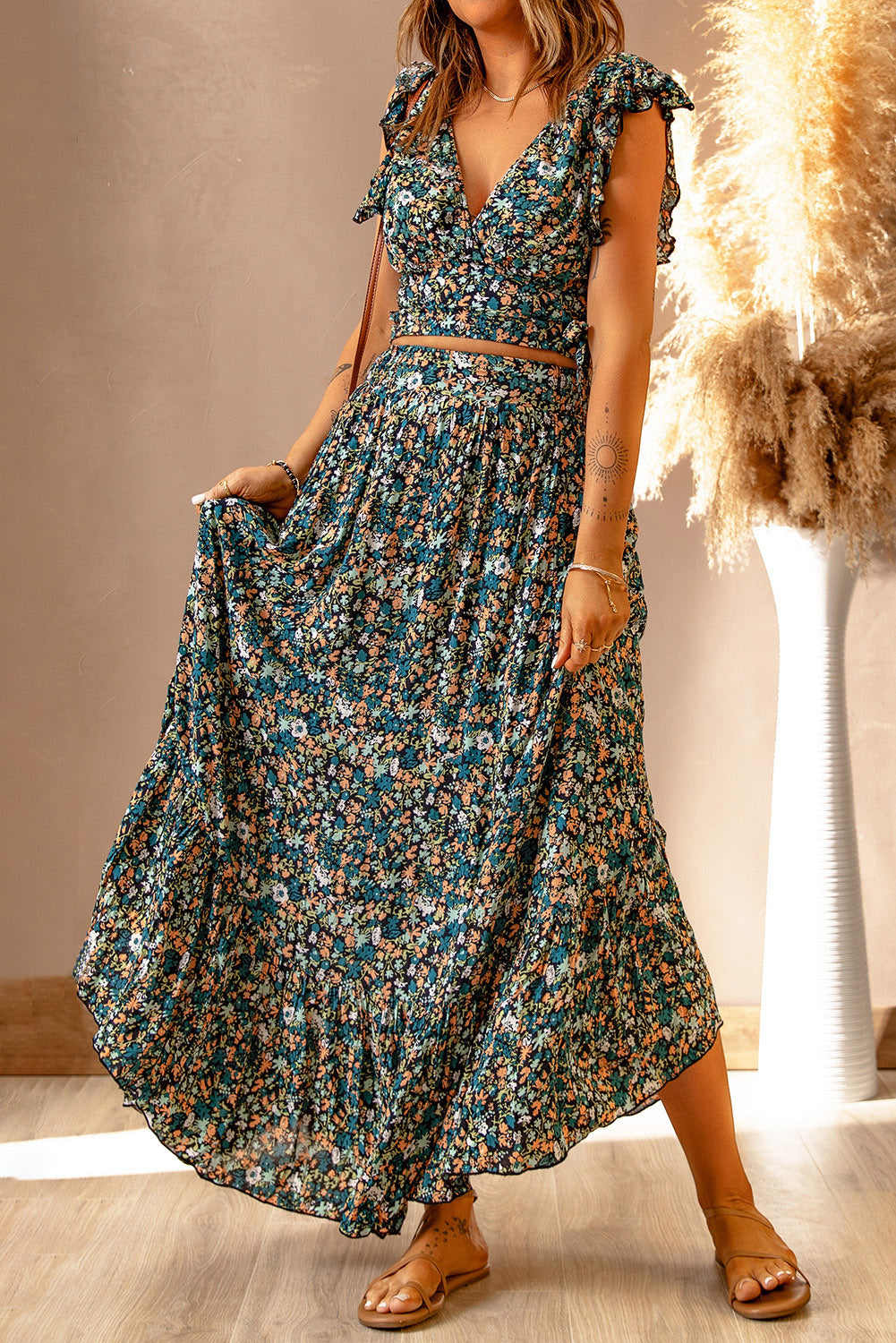 Flutter sleeve Floral Print V-neck Maxi Skirt Set