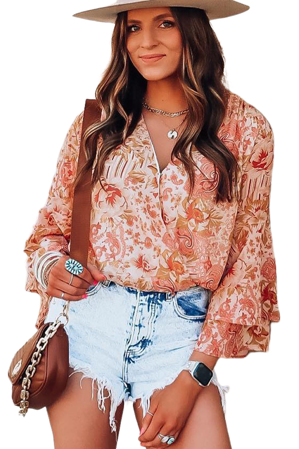 Long Sleeve Faux Wrap V-neck Boho Print Bodysuit