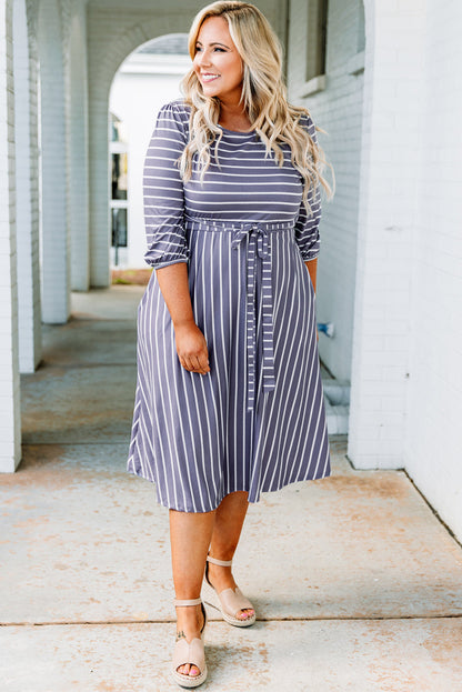 3/4 Sleeve V-neck Striped Midi Dress