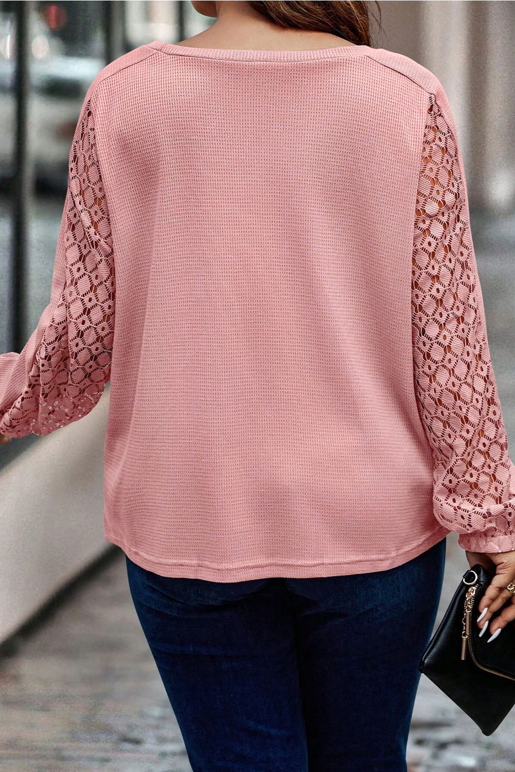 Long Sleeve Lace Sleeves Pink Plus Size Top