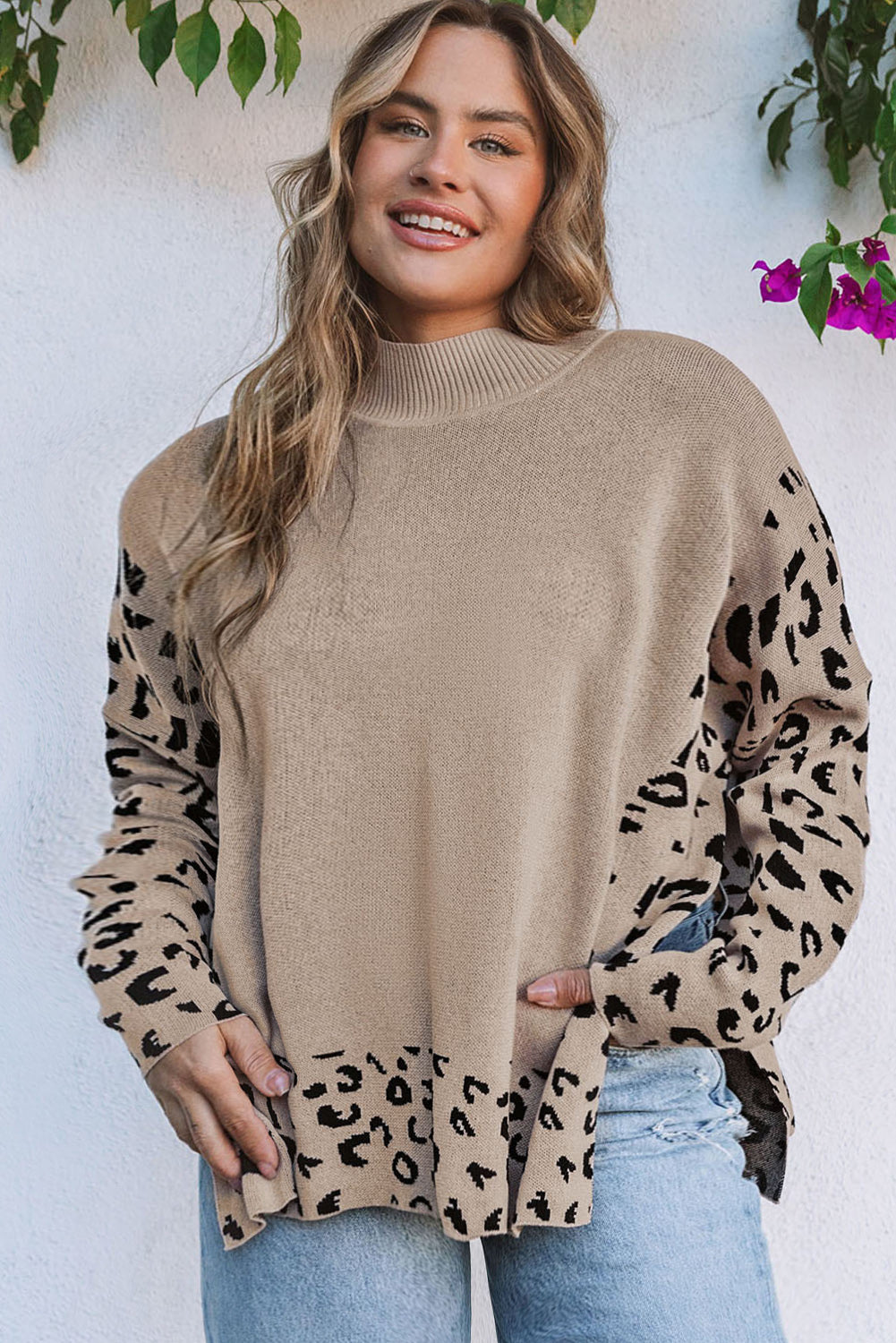 Long Sleeve Mock Neck Leopard Print Sweater