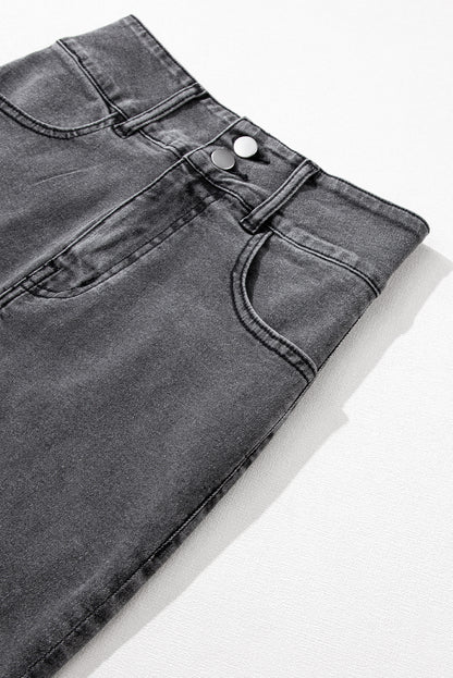 High Rise Black Denim Jean Midi Skirt