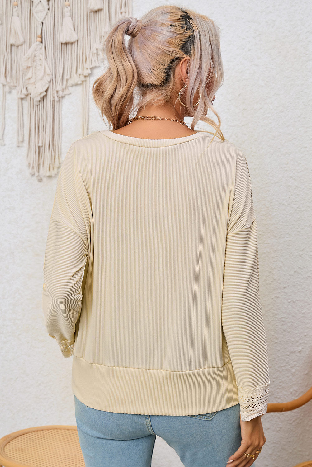 Long Sleeve V-neck Lacey Ribbed Sweater